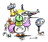 Une poule prend l'avion sur un aroport  paris. Illustration pour enfants un dessin de Dang  imprimer pour travailler une technique particulire de coloriage, celle de Dang