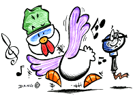 Illustration pour enfants un dessin de Dang  imprimer pour travailler une technique particulire de coloriage, celle de Dang. Une poule chante et danse, il faut secouer les ailes, il faut tirer le cou.
