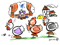 Illustration  pour enfants un dessin de Dang. Une poule rve qu'elle peut chanter  l'opra ou sur une scne de thtre.