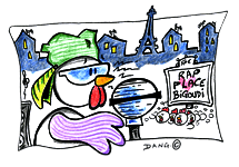 Une poule donne un concert de rap  Paris sur la place Bogoudi. Illustration enfant un dessin de Dang  imprimer pour travailler une technique particulire de coloriage, celle de Dang
