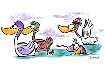Trois canards, un caneton et Berlingot le crapaud barbotent dans la mare. Illustration pour enfants un dessin de Dang  imprimer pour travailler une technique particulire de coloriage