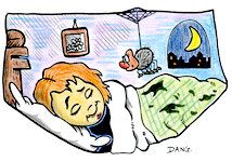 Illustration pour enfants un dessin de Dang  imprimer pour travailler une technique particulire de coloriage, celle de Dang. Un enfant dort, une araigne veille. Belle nuit, la lune brille, tout est calme.