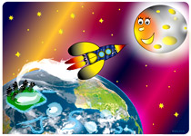 Cette illustration gratuite vous est offerte par Lucie Rydlova, illustratrice pour enfants. Vous pouvez vous inspirer de ce modèle. La lune sourit à l'approche de la fusée, les étoiles brillent dans l'espace. Les sapins restés sur la terre sont un peu tristes. Une illustration inspirée de la chanson pour enfants de Stéphy Madame Fusée. Les illustration gratuites de coloriages pour enfants.com.