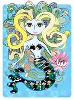 Cette illustration gratuite vous est offerte par Lucie Rydlova, illustratrice pour enfants. Vous pouvez vous inspirer de ce modèle pour votre coloriage.  Si vous plongez tout au fond de la mer vous rencontrerez cette sirne imagine par Lucie Rydlova. Ses cheveux sont comme des serpents et elle a une fleur  la main. Les illustration gratuites de coloriages pour enfants.com.