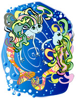 Cette illustration gratuite vous est offerte par Lucie Rydlova, illustratrice pour enfants. Vous pouvez vous inspirer de ce modèle pour votre coloriage. Deux sirènes dansent au milieu des bulles dans les profondeurs abyssales. Les illustration gratuites de coloriages pour enfants.com.