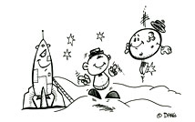 Un coloriage gratuit pour les enfants. Chanson swing la lune. Découverte de la lune à la descente de la fusée. Fantastique. C'est une création de notre illustrateur Dang. Ce coloriage est offert gratuitement sur coloriages pour enfants.com.