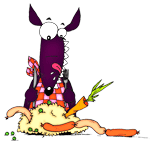 Illustrations enfants. Le repas du loup sympa. Bien sr je mange quelques fois, choucroute carottes ou petits pois et de la viande Cette illustration gratuite vous est offerte par Ane Pô 2 Banane, une illustratrice pour enfants.