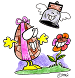 Oeuf de Pâques. Une Illustration pour Pâques. Un œuf de Pâques en chocolat s'extasie devant une fleur sous le regard d'une cloche. Cette illustration gratuite vous est offerte par Dang, un super dessinateur de presse. Vous pouvez vous inspirer de ce modèle. Avec vos crayons de couleurs ou à la peinture, coloriez ou peignez le coloriage qui correspond à cette illustration de cet oeuf de Pâques.