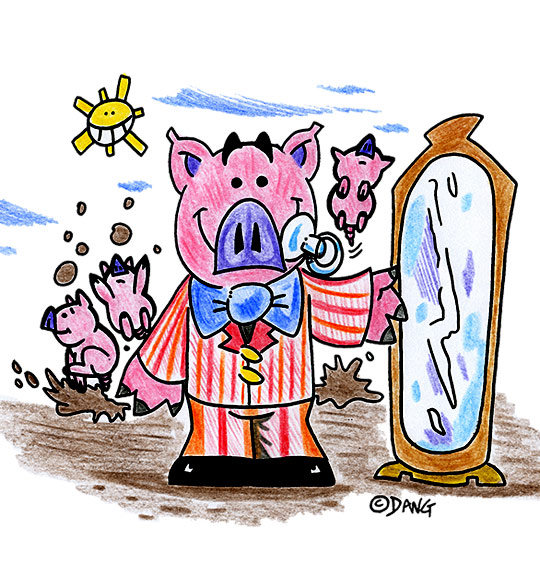 Dessin Bébé cochon, bébé cochon devant la glace, illustrateur Dang