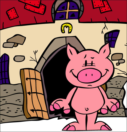 Dessin Bébé cochon, Bébé cochon tout nu devant la ferme, illustrateur Dang