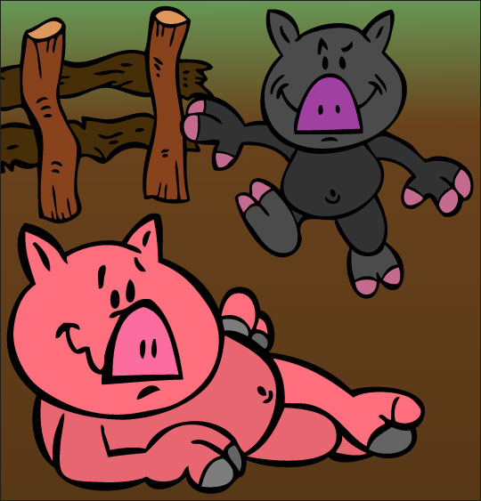 Dessin Bébé cochon, Deux bébés cochons dans la cour de la ferme, illustrateur Dang