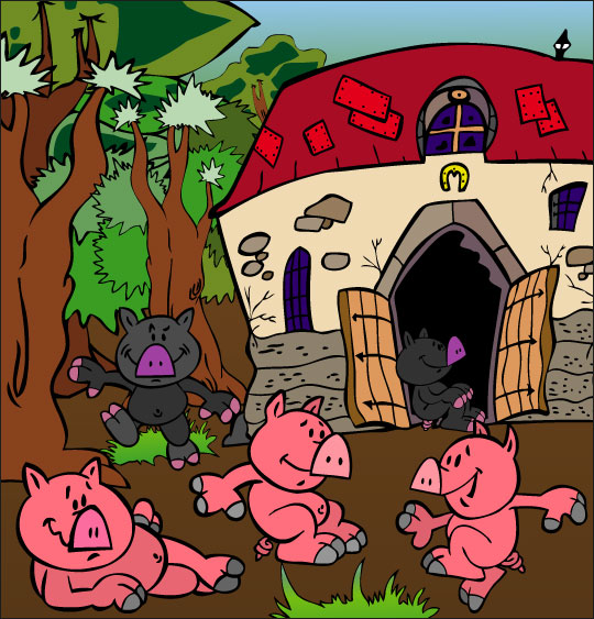 Dessin Bébé cochon, les bébés cochons dansent devant la ferme, illustrateur Dang