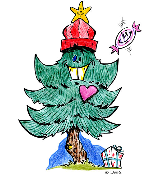 Dessin de Noël Mon beau sapin avec un chapeau rouge, illustrateur Dang