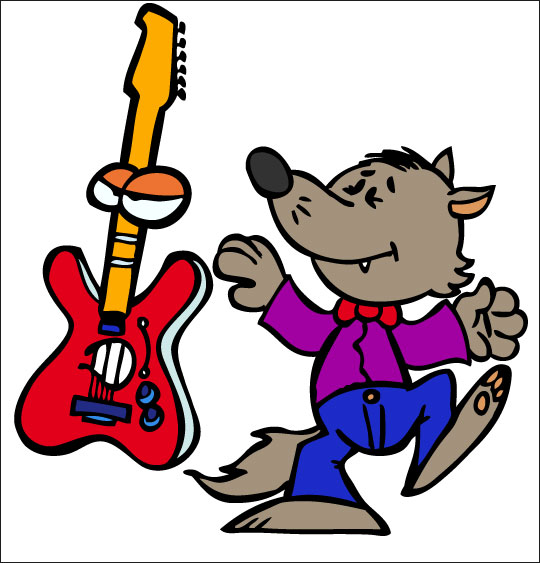 Dessin Le Loup Sympa, petit loup et la guitare électrique, illustrateur Dang