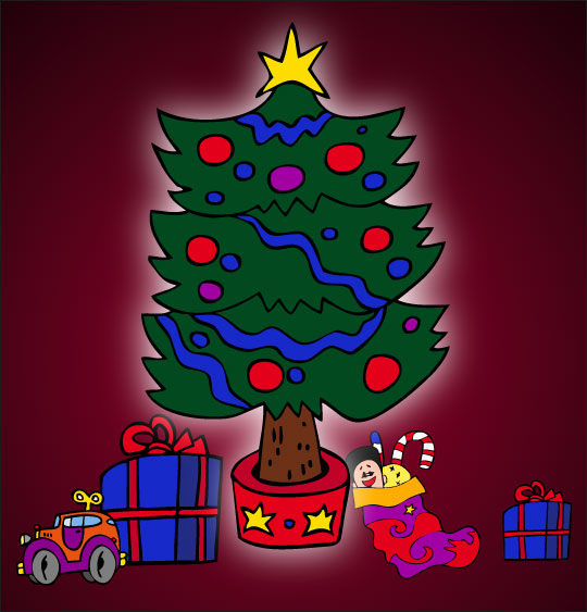 Dessin chanson Mon beau sapin, le sapin de Noël illuminé avec les cadeaux, illustrateur Dang