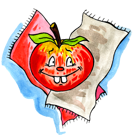 Dessin Pomme de reinette et pomme d'api, 2 tapis rouges, illustrateur Dang