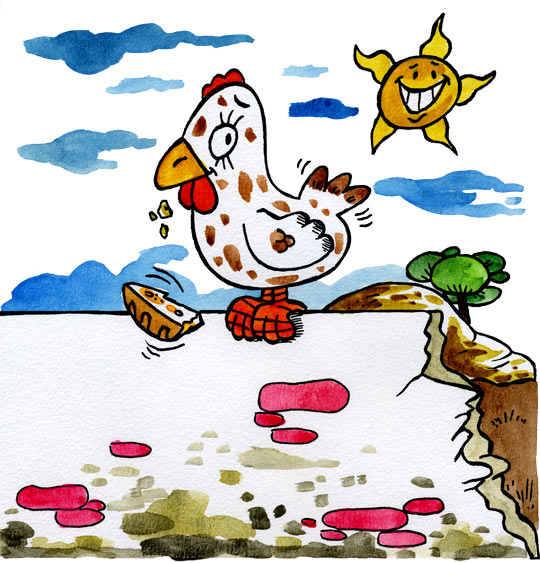 Dessin Une poule sur un mur, la poule picore du pain dur, illustrateur Dang