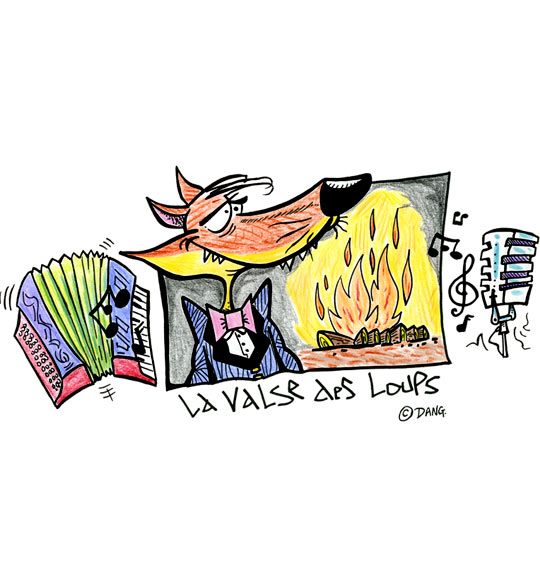 Dessin La Valse des Loups, un loup, un accordéon, un micro et un feu de bois, illustrateur Dang