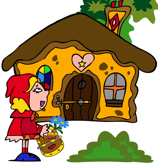 Dessin du petit chaperon rouge et de la maison de la grand-mére, illustrateur Dang