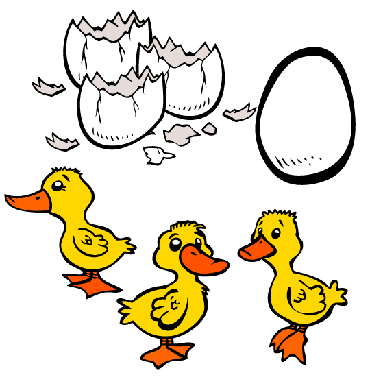 Dessin du vilain petit canard, 3 petits canetons sortent de leurs oeufs, illustrateur Dang